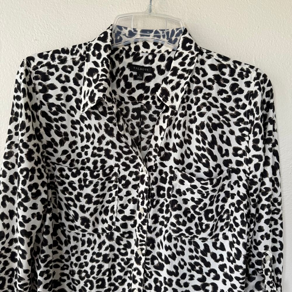 Talbots Size L Animal Print Buttondown Blouse Rol… - image 3